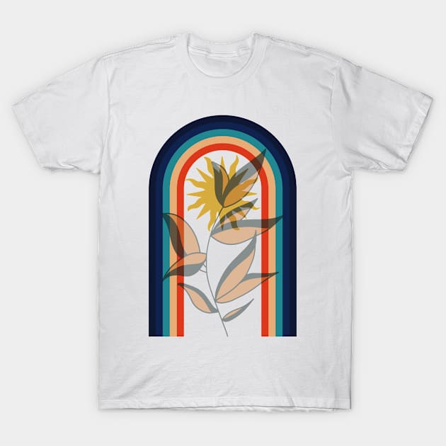 Abstract contemporary aesthetic poster with sun plant and geometric retro 70s rainbow boho wall art T-Shirt by Modern Art